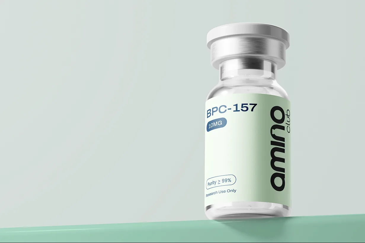 Research peptide supplier Amino Club: a vial of Amino Club peptides with its batch number printed on the label